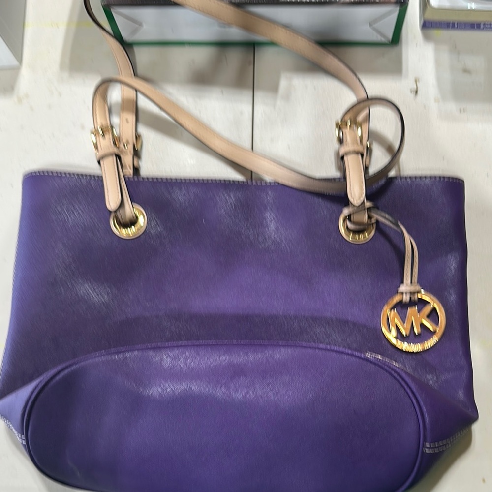 Michael Kors Purple and Tan Tote with Gold Accents